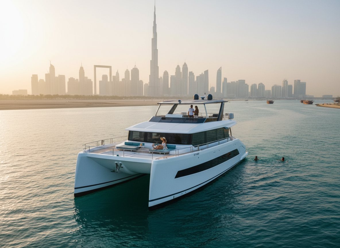 Dubai skyline rising above the water behind the bow of a luxury yacht