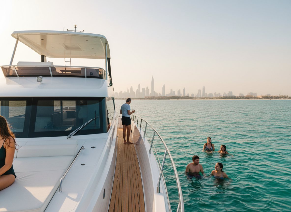 Family swimming together in turquoise waters beside their chartered yacht