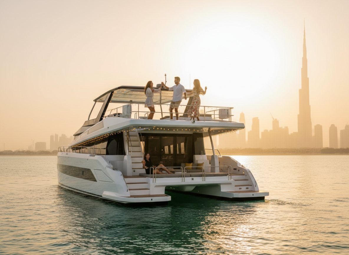 Friends dancing cheerfully on a yacht deck under strings of warm lights