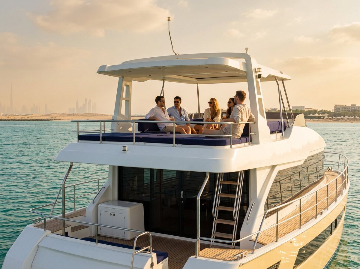 Guests chatting comfortably on cushioned seating along the upper yacht flybridge