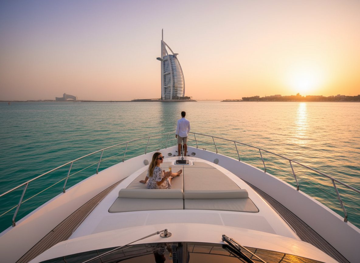 Iconic Burj Al Arab hotel viewed across open water from the bow
