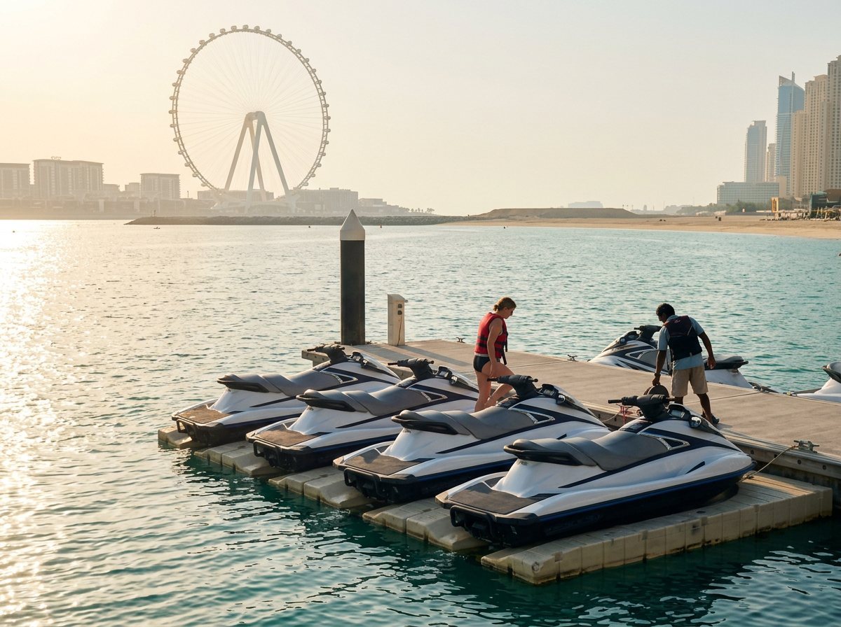 Moored jet skis at Dubai Harbour pontoon with Ain Dubai in the background
