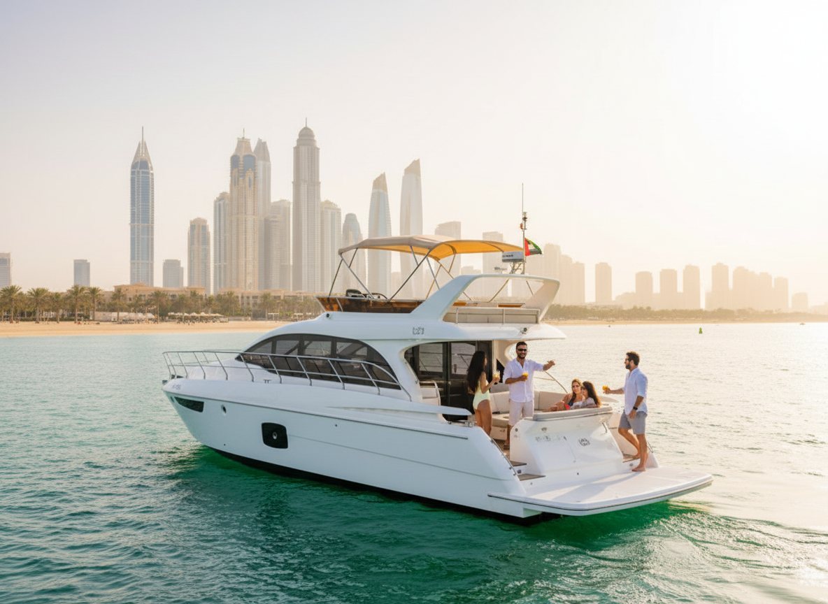 Scenic Dubai waterfront promenade lined with palm trees and modern architecture