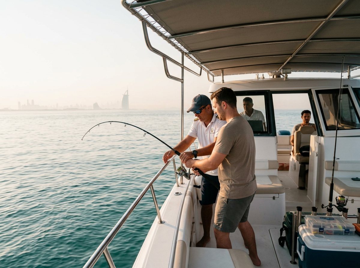 Yacht captain assisting a guest in reeling in a big fish at sea