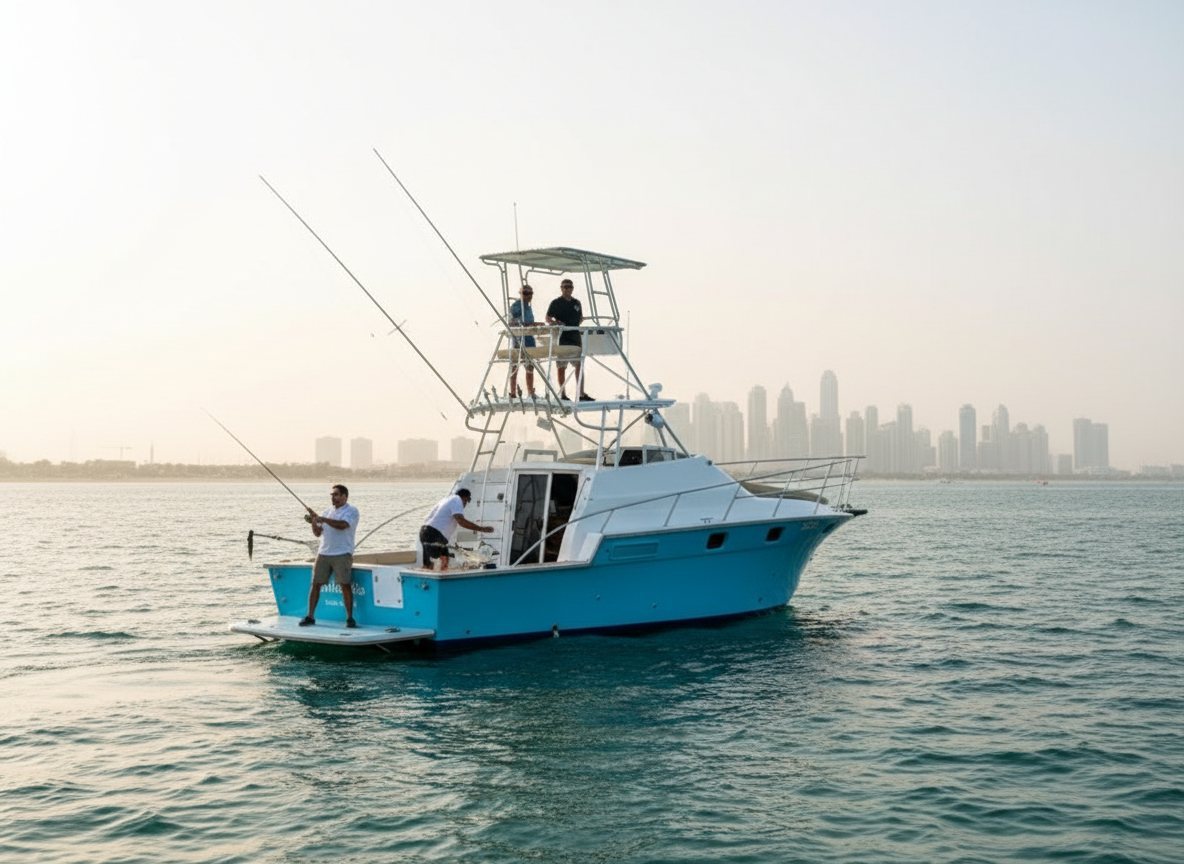 Yacht captain assisting a guest in reeling in a big fish at sea